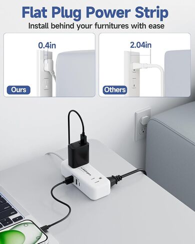 Flat Plug Extension Cord 3 Feet with 4 AC Outlets 3 USB Ports (5V/3.4A 17W), Flat Plug Power Strip Compact for College Dorm, Travel, Home, Office in Kuwait