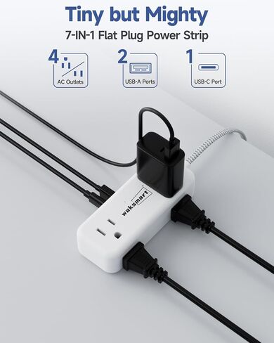Flat Plug Extension Cord 3 Feet with 4 AC Outlets 3 USB Ports (5V/3.4A 17W), Flat Plug Power Strip Compact for College Dorm, Travel, Home, Office in Kuwait