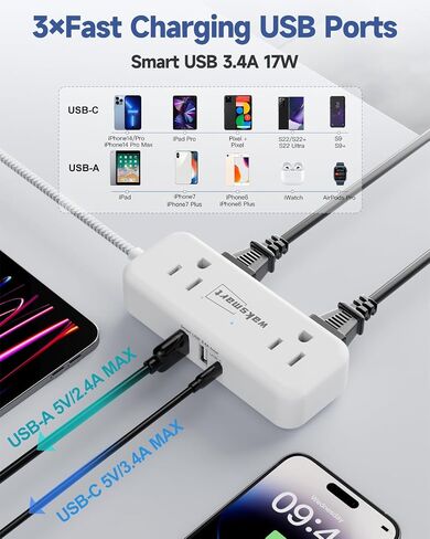 Flat Plug Extension Cord 3 Feet with 4 AC Outlets 3 USB Ports (5V/3.4A 17W), Flat Plug Power Strip Compact for College Dorm, Travel, Home, Office in Kuwait