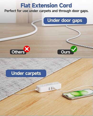 Flat Plug Extension Cord 3 Feet with 4 AC Outlets 3 USB Ports (5V/3.4A 17W), Flat Plug Power Strip Compact for College Dorm, Travel, Home, Office in Kuwait