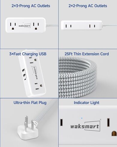 Flat Plug Extension Cord 3 Feet with 4 AC Outlets 3 USB Ports (5V/3.4A 17W), Flat Plug Power Strip Compact for College Dorm, Travel, Home, Office in Kuwait