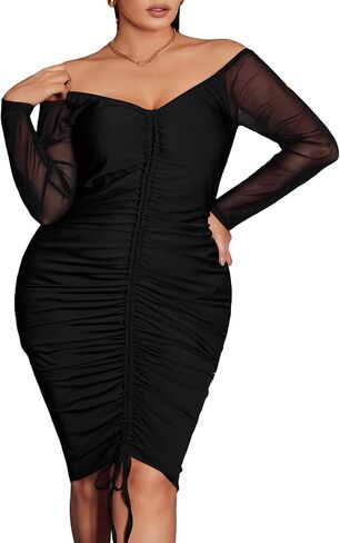 WDIRARA Women's Plus Off Shoulder Mesh Long Sleeve Ruched Drawstring Bodycon Party Knee Length Dress in Saudi Arabia