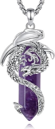 EUDORA Vintage Dragon Necklace with Healing Crystal for Women Men, Silver Plated Copper Viking Dragon Pendant Amulet Energy Gothic Jewelry, Gift for Women Men Dad Mother Mom, Chain 20" +24" in Saudi Arabia