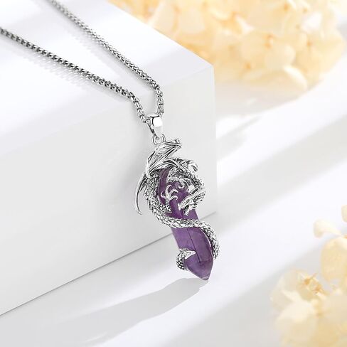 EUDORA Vintage Dragon Necklace with Healing Crystal for Women Men, Silver Plated Copper Viking Dragon Pendant Amulet Energy Gothic Jewelry, Gift for Women Men Dad Mother Mom, Chain 20" +24" in Saudi Arabia