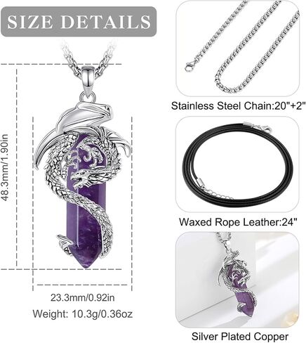 EUDORA Vintage Dragon Necklace with Healing Crystal for Women Men, Silver Plated Copper Viking Dragon Pendant Amulet Energy Gothic Jewelry, Gift for Women Men Dad Mother Mom, Chain 20" +24" in Saudi Arabia
