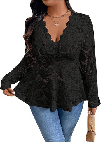 MakeMeChic Women's Plus Size Blouse Floral Lace V Neck Long Sleeve Babydoll Peplum Tops in Saudi Arabia