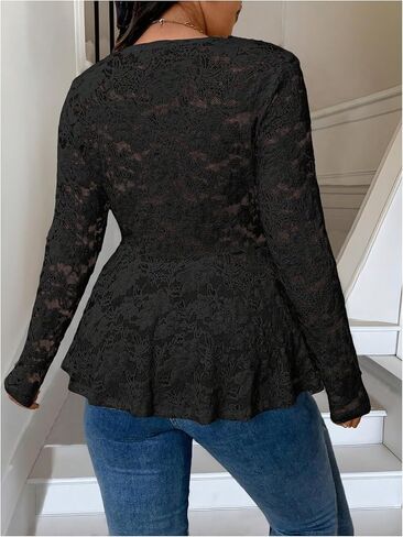 MakeMeChic Women's Plus Size Blouse Floral Lace V Neck Long Sleeve Babydoll Peplum Tops in Saudi Arabia