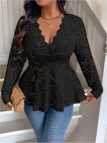 MakeMeChic Women's Plus Size Blouse Floral Lace V Neck Long Sleeve Babydoll Peplum Tops in Saudi Arabia