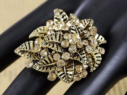 Alilang Womens Silvery Tone Emerald Peridot Green Crystal Rhinestone Leaf Stretchy Adjustable Ring in Saudi Arabia