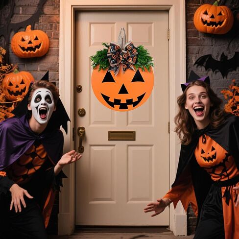 Halloween Wreath Door Hanger Sign Decorations, Cute Halloween Ghost Welcome Wood Hanging Wreaths Decor for Front Door Farmhouse Porch Indoor Outdoor Wall Decor in Saudi Arabia