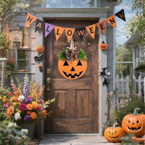 Halloween Wreath Door Hanger Sign Decorations, Cute Halloween Ghost Welcome Wood Hanging Wreaths Decor for Front Door Farmhouse Porch Indoor Outdoor Wall Decor in Saudi Arabia