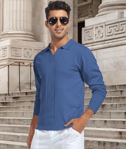 Mens Long Sleeve Knit Shirt Casual Golf Polo Shirts V-Neck Sweater in Saudi Arabia