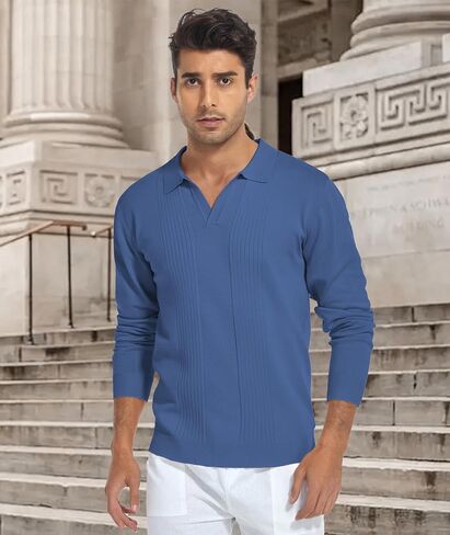 Mens Long Sleeve Knit Shirt Casual Golf Polo Shirts V-Neck Sweater in Saudi Arabia