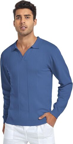 Mens Long Sleeve Knit Shirt Casual Golf Polo Shirts V-Neck Sweater in Saudi Arabia
