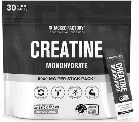 Jacked Factory Creatine Monohydrate Stick Packs 150g - 5g Daily Creatine Supplement for Men and Women, Vegan-Friendly, Third-Party Tested - 30 Servings, Unflavored in Saudi Arabia