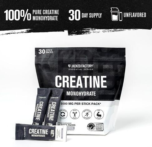 Jacked Factory Creatine Monohydrate Stick Packs 150g - 5g Daily Creatine Supplement for Men and Women, Vegan-Friendly, Third-Party Tested - 30 Servings, Unflavored in Saudi Arabia