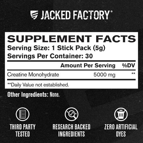 Jacked Factory Creatine Monohydrate Stick Packs 150g - 5g Daily Creatine Supplement for Men and Women, Vegan-Friendly, Third-Party Tested - 30 Servings, Unflavored in Saudi Arabia