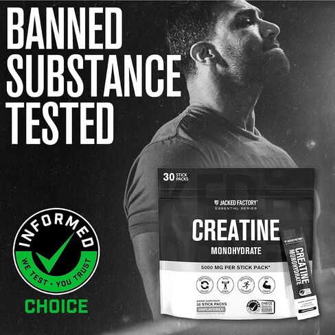 Jacked Factory Creatine Monohydrate Stick Packs 150g - 5g Daily Creatine Supplement for Men and Women, Vegan-Friendly, Third-Party Tested - 30 Servings, Unflavored in Saudi Arabia