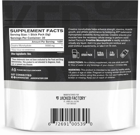 Jacked Factory Creatine Monohydrate Stick Packs 150g - 5g Daily Creatine Supplement for Men and Women, Vegan-Friendly, Third-Party Tested - 30 Servings, Unflavored in Saudi Arabia