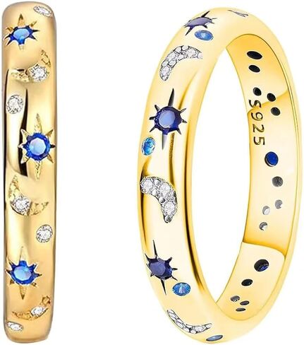 Star and Moon Full-Circle Ring, Alloy Electroplated Band, Multicolor Cubic Zirconia Inlay, Celestial-Themed Jewelry for Women in Saudi Arabia