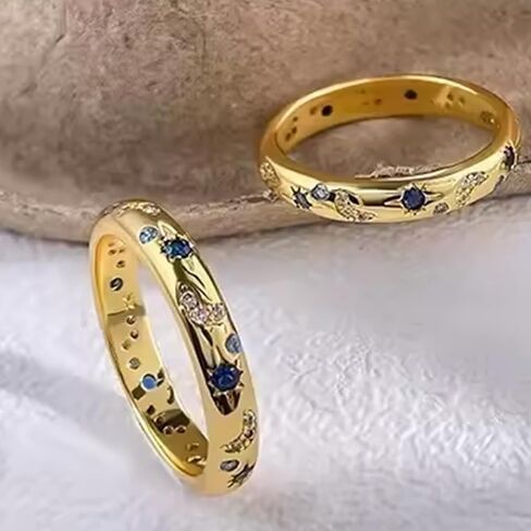 Star and Moon Full-Circle Ring, Alloy Electroplated Band, Multicolor Cubic Zirconia Inlay, Celestial-Themed Jewelry for Women in Saudi Arabia
