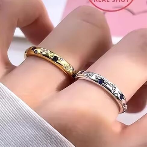 Star and Moon Full-Circle Ring, Alloy Electroplated Band, Multicolor Cubic Zirconia Inlay, Celestial-Themed Jewelry for Women in Saudi Arabia