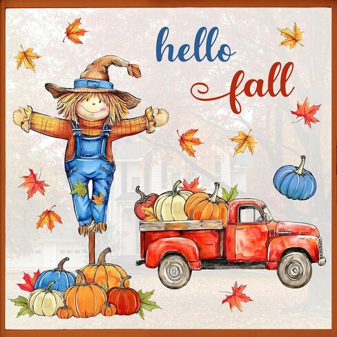 Mfault Hello Fall Scarecrow Red Truck Window Clings 4 Sheets, Autumn Harvest Pumpkin Maple Leaves Stickers Decals Decorations, Thanksgiving Seasonal Home Kitchen Decor in Saudi Arabia