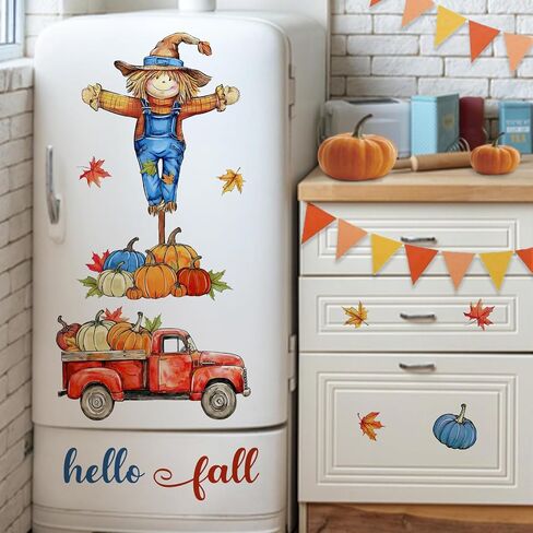 Mfault Hello Fall Scarecrow Red Truck Window Clings 4 Sheets, Autumn Harvest Pumpkin Maple Leaves Stickers Decals Decorations, Thanksgiving Seasonal Home Kitchen Decor in Saudi Arabia