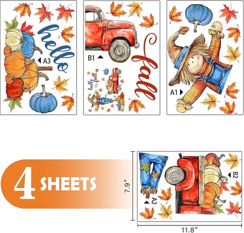 Mfault Hello Fall Scarecrow Red Truck Window Clings 4 Sheets, Autumn Harvest Pumpkin Maple Leaves Stickers Decals Decorations, Thanksgiving Seasonal Home Kitchen Decor in Saudi Arabia