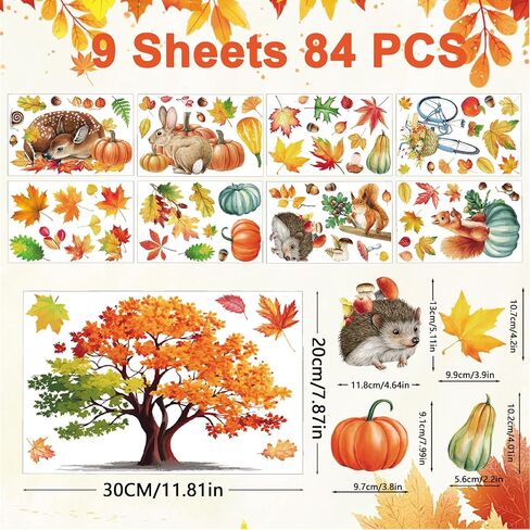 6 Sheets Fall Window Clings, Thanksgiving Window Clings for Glass, Double-Sided Reusable Static Leaves Autumn Stickers Decor Home Office Classroom in Saudi Arabia