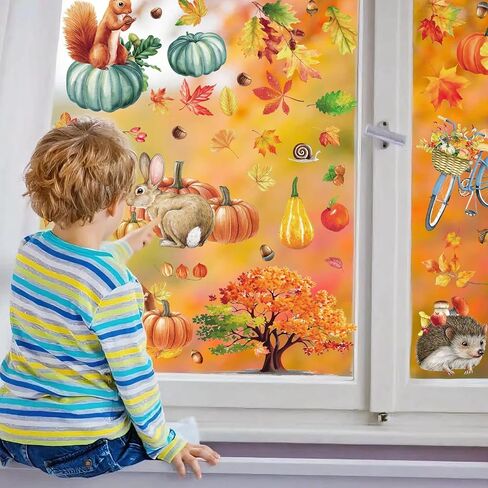 6 Sheets Fall Window Clings, Thanksgiving Window Clings for Glass, Double-Sided Reusable Static Leaves Autumn Stickers Decor Home Office Classroom in Saudi Arabia
