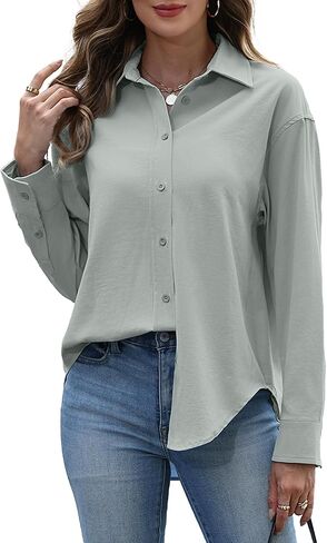 قمصان Susclude بأزرار للأسفل للنساء قمصان نسائية بأكمام طويلة وخالية من التجاعيد بياقة في الخريف ملابس عمل غير رسمية in Kuwait