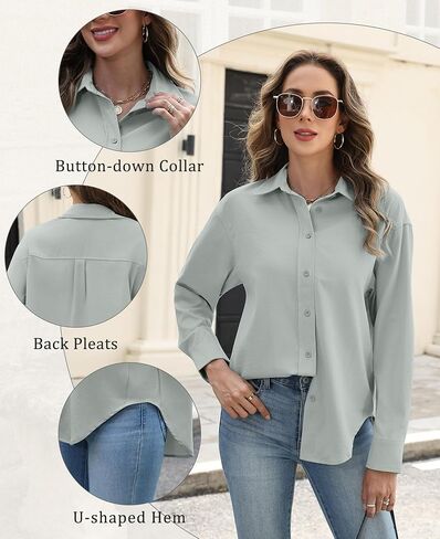 قمصان Susclude بأزرار للأسفل للنساء قمصان نسائية بأكمام طويلة وخالية من التجاعيد بياقة في الخريف ملابس عمل غير رسمية in Kuwait