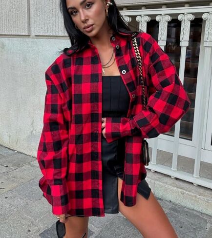 Women Long Sleeve Button Down Plaid Fall Shirt Casual Work Tops in Saudi Arabia