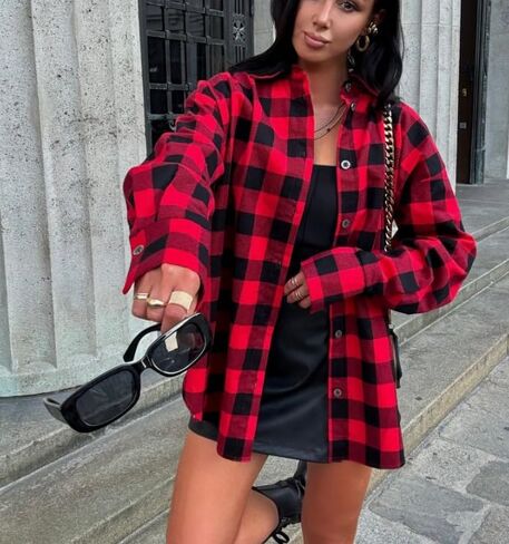 Women Long Sleeve Button Down Plaid Fall Shirt Casual Work Tops in Saudi Arabia
