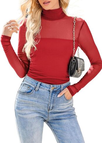 MAYFASEY Women's Trendy High Neck Long Sleeve Tops Sexy Sheer Mesh Ruched Going Out Blouse Shirts in Kuwait