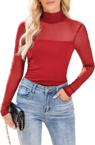 MAYFASEY Women's Trendy High Neck Long Sleeve Tops Sexy Sheer Mesh Ruched Going Out Blouse Shirts in Kuwait