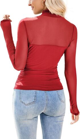 MAYFASEY Women's Trendy High Neck Long Sleeve Tops Sexy Sheer Mesh Ruched Going Out Blouse Shirts in Kuwait