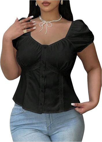Floerns Women's Plus Size Puff Short Sleeve Button Down Shirts Lace Flare Hem Blouse Top in Saudi Arabia