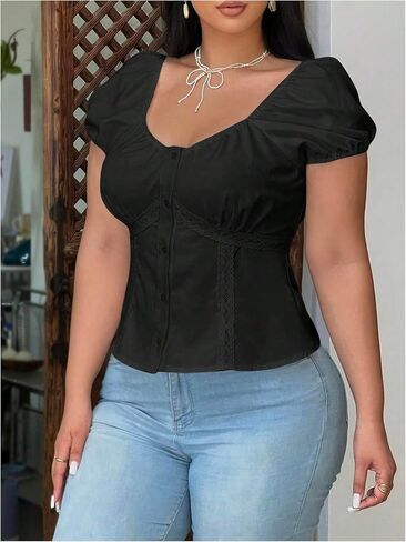 Floerns Women's Plus Size Puff Short Sleeve Button Down Shirts Lace Flare Hem Blouse Top in Saudi Arabia
