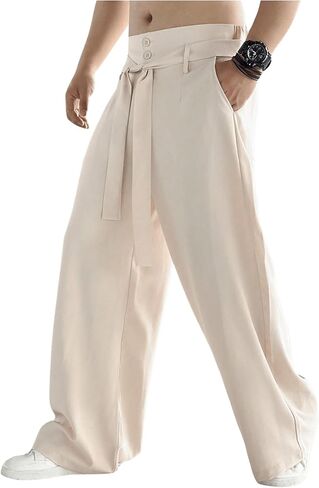 OYOANGLE Men's Elastic Waisted Wide Leg Long Pants Tie Front Belted Loose Casual Trousers with Pockets in Saudi Arabia