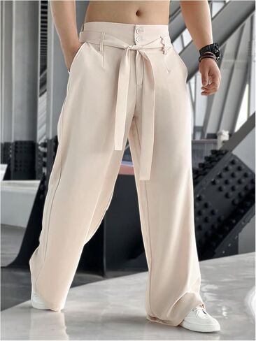 OYOANGLE Men's Elastic Waisted Wide Leg Long Pants Tie Front Belted Loose Casual Trousers with Pockets in Saudi Arabia
