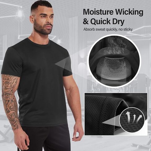 Men's Athletic T-Shirts Quick Dry Running Workout Shirts Short Sleeve Activewear Crew Neck Gym Tee Tops Black in Saudi Arabia