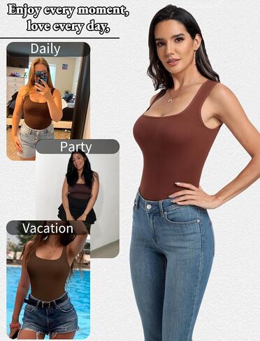 Women's Bodysuit Sexy Ribbed Square Neck Sleeveless Tapered Shoulder Straps Tummy Control Tank Tops in Saudi Arabia