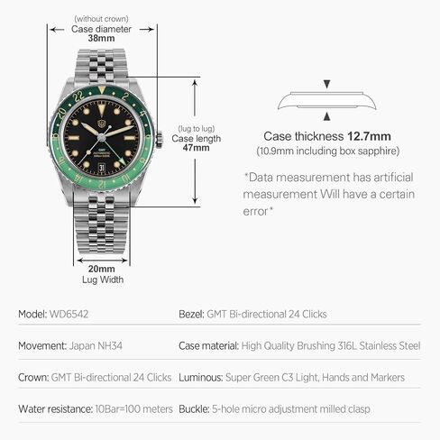 watchdives GMT Watches for Men, WD6542 Men Watch NH34 Automatic Wristwatch 38mm Bubble Domed Sapphire Crystal Watches 100M Waterproof in Kuwait