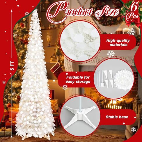 Leyndo Collapsible Artificial Christmas Tree Pencil Pop up Tinsel Skinny Sequined Christmas Tree for Home Fireplace Decoration (5 ft,White,2) in Saudi Arabia