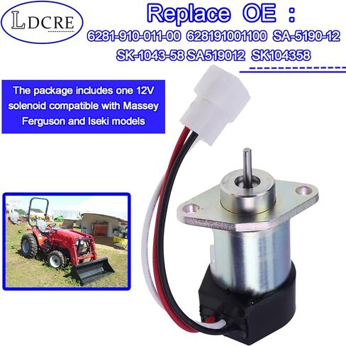 12V Solenoid SK-1043-58, 6281-910-011-00 Compatible with Iseki E3CD E3CE E3CF E3CG TG5330E4, Massey Ferguson 1500 Series 1520 1532 1533, Replaces SA-5190-12, Solenoid for Engine Start and Operation in Saudi Arabia