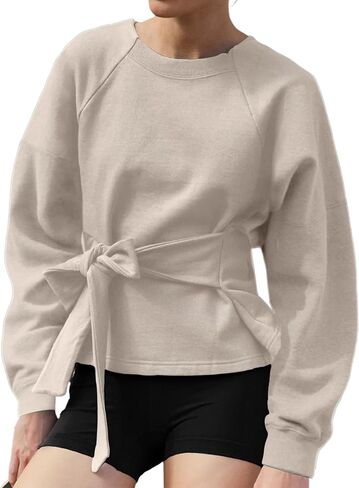 Womens Tie Front Sweatshirt Top Casual Crew Neck Streetwear Pullover Long Sleeve Fall Fashion Outfits in Saudi Arabia