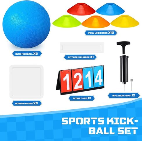 Huaerle 19 Pcs Sports Kickball Set Includes 2 Playground Ball with Air Pump 5 Rubber Throw Down Bases 10 Foul Line Cones and a Flip Scoreboard for Boys Girls Adults Playground School Backyard in Kuwait