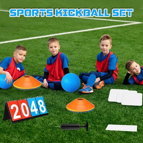 Huaerle 19 Pcs Sports Kickball Set Includes 2 Playground Ball with Air Pump 5 Rubber Throw Down Bases 10 Foul Line Cones and a Flip Scoreboard for Boys Girls Adults Playground School Backyard in Kuwait